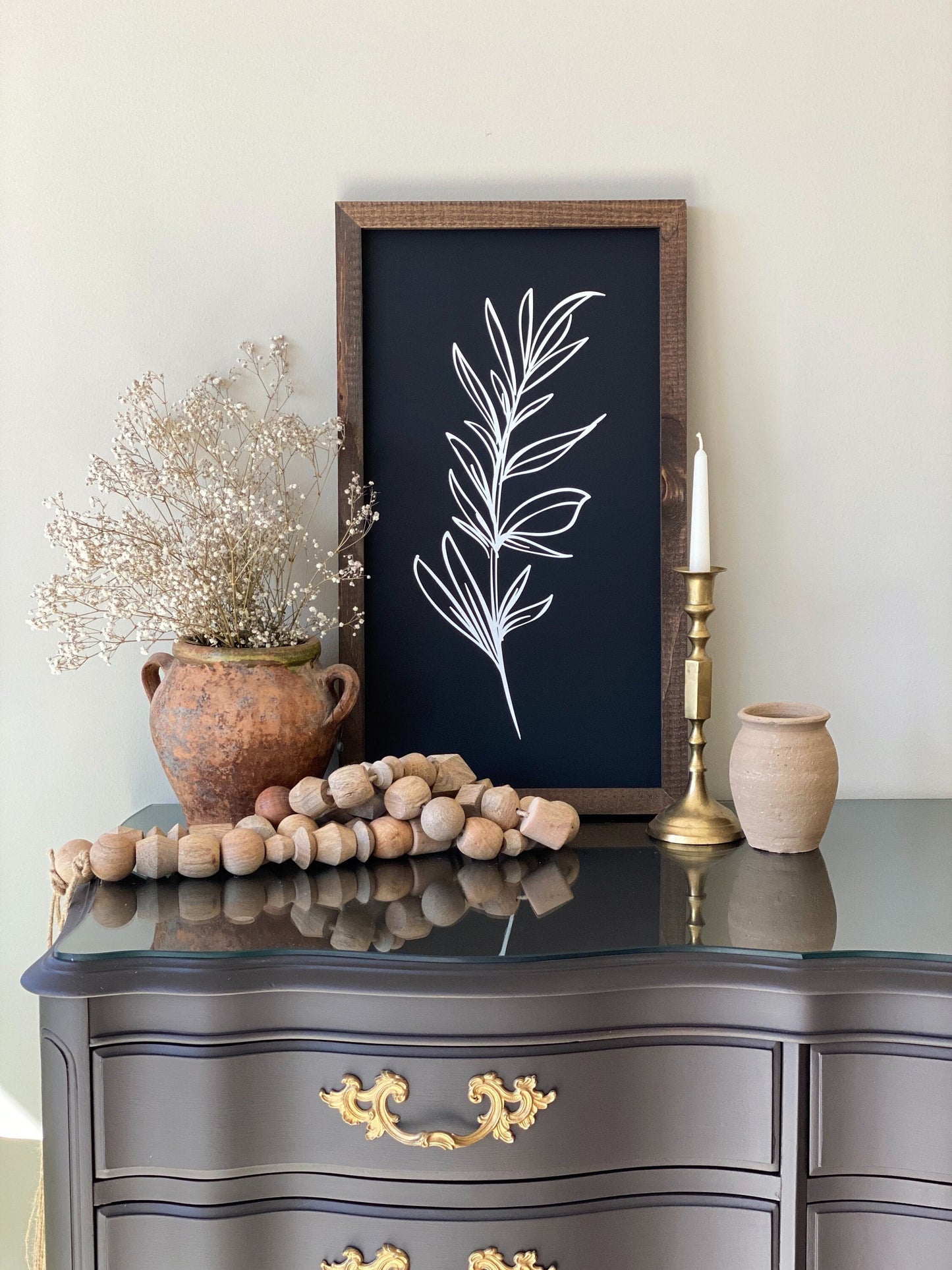 Botanical Leaf Decor Wooden Sign Black Background Down Oxford Street